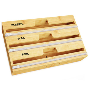 SpaceAid WrapNeat 2 in 1 Wrap Organizer with Cutter and Labels, Plastic Wrap, Aluminum Foil and Wax Bamboo Dispenser for Kitchen Storage Organization Holder for 12" Roll (Natural)