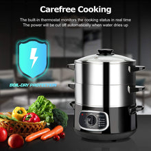 Load image into Gallery viewer, Secura 2 Stainless Steel Food Steamer 8.5 Qt Electric Glass Lid Vegetable Steamer Double Tiered Stackable Baskets with Timer