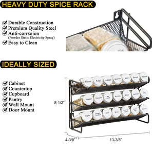 SpaceAid Spice Rack Organizer with 28 Spice Jars, 386 Spice Labels, Chalk Marker and Funnel Set for Cabinet, Countertop, Pantry, Cupboard or Door & Wall Mount - 28 Jars, 13.4" W × 10.8" H, Black