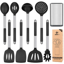Load image into Gallery viewer, Silicone Cooking Utensil Set, 8Pcs Non-stick Cookware with Stainless Steel Handle, BPA Free Heat Resistant Kitchen Tools with Spatulas, Turners, Spoons, Skimmer and Pasta Fork