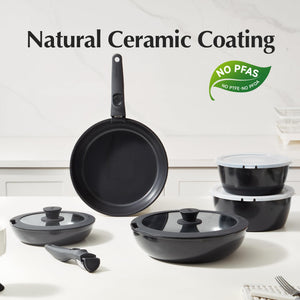 Redchef Ceramic Pots and Pans Set, Nonstick Kitchen Cookware Set with Detachable Handle, Non Toxic Cookware Set 16pcs, PFAS PFOA & PTFE Free, RV Ceramic Cookware for Camping, Dishwasher/Oven Safe