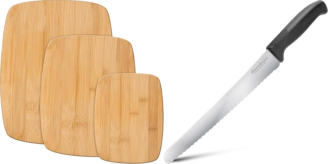 Bread Knife for Homemade Bread + Bamboo Cutting Board Set Bundle