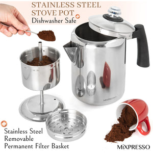 Mixpresso Stainless Steel Stovetop Coffee Percolator, 52 oz Classic Percolator Coffee Pot, Excellent As Camping Pot, 12 Cup Stainless Steel Camping Coffee Makers, Cool-Touch Handle.