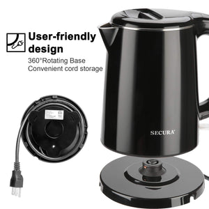 Secura Stainless Steel Double Wall Electric Kettle Water Heater for Tea Coffee w/Auto Shut-Off and Boil-Dry Protection, 1.0L (Orange) SWK-1001DO/HB-K012
