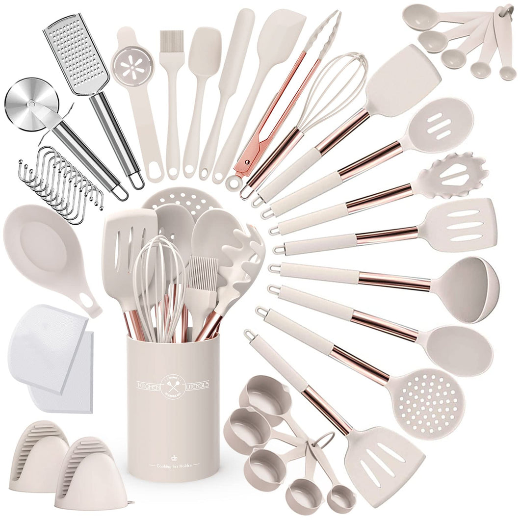 Umite Chef Silicone Kitchen Cooking Utensil Set, 43 pcs Spatula Set with Stainless Steel Handle, Non-stick Heat Resistant - Best Cookware Set-(Khaki)