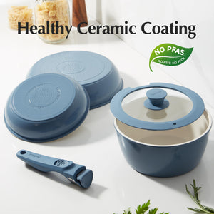 Redchef Ceramic Pots and Pans Set Non Stick, Nonstick Kitchen Cookware Sets, Non Toxic Pots and Pans Set Non Stick, PFAS PFOA & PTFE Free, Detachable Handle Pots and Pans 5 Piece, RV Cookware