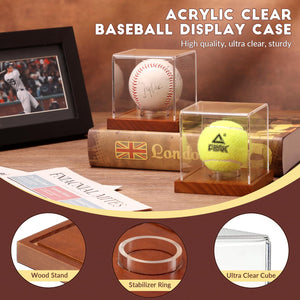 JupDec Baseball Display Case - Clear Cube Baseball Holder with Wooden Base, Autograph Stand Box for Single Ball, Acacia Wood, Brown, 1 Pack