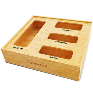 SpaceAid Bag Storage Organizer for Kitchen Drawer, Bamboo Organizer, Compatible with Gallon, Quart, Sandwich and Snack Variety Size Bag (1 Box 4 Slots)