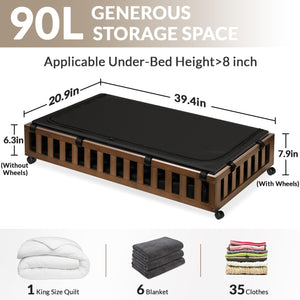 2 Pack Bamboo Under Bed Storage with Wheels, 39”x20”x7.8” Lager Under Bed Storage Containers (Brown)