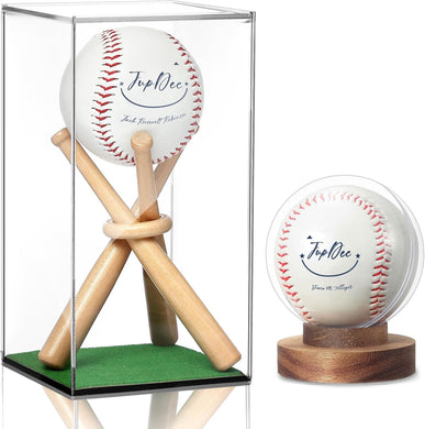 JupDec Baseball Display Case with Wood Stand, Clear Acrylic & Plastic Game Ball Holder Showcase, UV Protection Souvenirs and Collectibles Box, Ideal Gift for Autograph Single MLB Ball