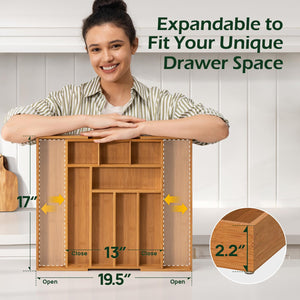 Carbonized Bamboo Kitchen Drawer Organizer, 8-10 Slots Expandable Silverware Organizer, Utensil Holder & Cutlery Tray, 2.2" Deep for Extra Capacity, Non-Slip Feet Included.