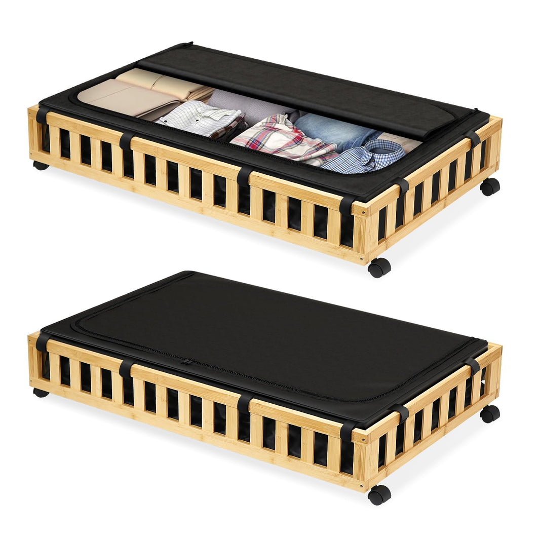 2 Pack Bamboo Under Bed Storage with Wheels, 39”x20”x7.8” Lager Under Bed Storage Containers (Brown)