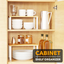 Load image into Gallery viewer, SpaceAid Cabinet Shelf Organizers 2 Pack, Kitchen Counter Rack Shelves Riser, Stackable Expandable Spice Rack, Pantry Cupboard Storage Organization (Black and Natural, Short)
