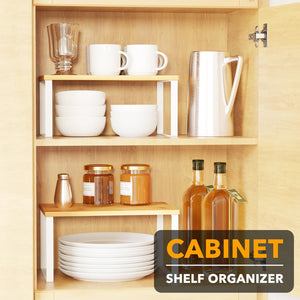 SpaceAid Cabinet Shelf Organizers 2 Pack, Kitchen Counter Rack Shelves Riser, Stackable Expandable Spice Rack, Pantry Cupboard Storage Organization (Black and Natural, Short)