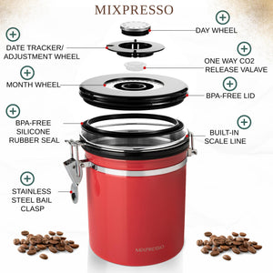 Mixpresso Green Coffee Canister, 16oz Airtight Stainless Steel Kitchen Food Storage Container with Clear Lid and Spoon. for Grounds Coffee, Beans, Tea, Flour, Cereal, Vacuum Sealed Sugar Container