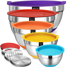 Load image into Gallery viewer, Umite Chef Mixing Bowls with Airtight Lids Set, 8PCS Stainless Steel Khaki Nesting Bowls with Grater Attachments, Kitchen Bowls with Non-Slip Bottoms, Size 5, 4, 3.5, 2, 1.5QT for Mixing &amp; Serving