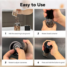 Load image into Gallery viewer, Electric Salt and Pepper Grinder Set with LED Power Display, 5-Level Grind Adjustment Easy Filling, Rechargeable Pepper Salt Mill Shakers Set Automatic with Storage Base, LED Light for Kitchen