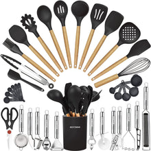 Load image into Gallery viewer, Kitchen Utensils Set- 35 PCs Cooking Utensils with Grater,Tongs, Spoon Spatula &amp;Turner Made of Heat Resistant Food Grade Silicone and Wooden Handles Kitchen Gadgets Tools Set for Nonstick Cookware