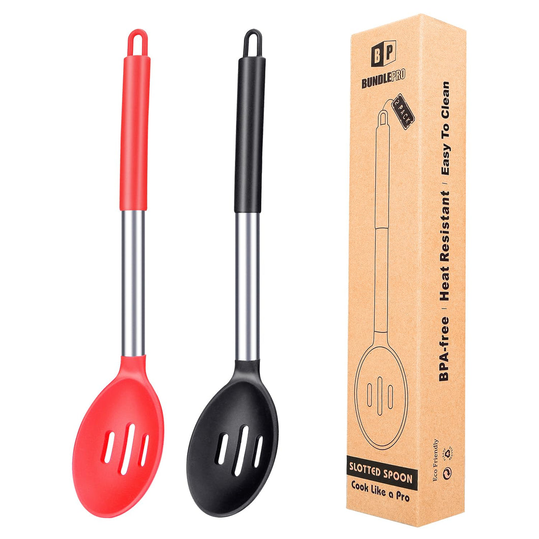 Pack of 2 Large Silicone Slotted Spoon Kitchen Skimmer with High Heat Resistant BPA Free Non Stick Cooking Ladle Strainers For Draining and Frying (Gray-Blue)