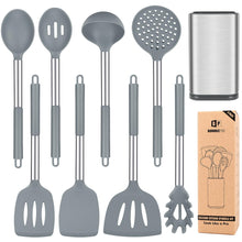 Load image into Gallery viewer, Silicone Cooking Utensil Set, 8Pcs Non-stick Cookware with Stainless Steel Handle, BPA Free Heat Resistant Kitchen Tools with Spatulas, Turners, Spoons, Skimmer and Pasta Fork