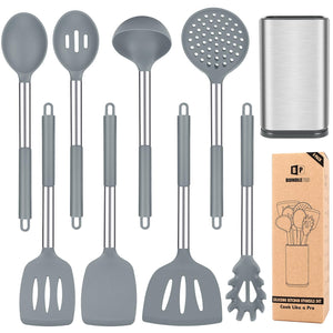 Silicone Cooking Utensil Set, 8Pcs Non-stick Cookware with Stainless Steel Handle, BPA Free Heat Resistant Kitchen Tools with Spatulas, Turners, Spoons, Skimmer and Pasta Fork