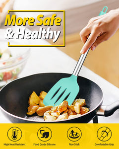 Pack of 4 Silicone Cooking Utensils Set, Non Stick Large Solid Spatulas, Heat Resistant Black Slotted Spoons, Ideal BPA Free Kitchen Turners for Frying, Mixing,Serving,Draining,Turning,Stirring