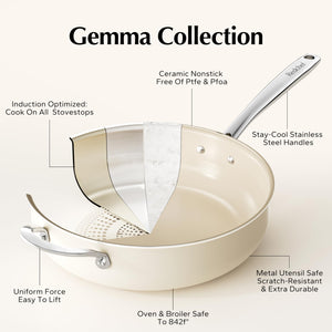 Redchef Ceramic Saute Pan with Lid, Nonstick Deep Frying Pan, 5QT Jumbo Cooker with Helper Handle & Lid, Non Toxic Ceramic Cooking Pan, Chef Pan, Dishwasher & Oven Safe, PFAS PFOA & PTFE Free