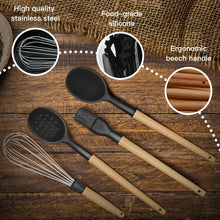 Load image into Gallery viewer, Kitchen Cooking Utensils Set, 14 Non-Stick Silicone Cooking Kitchen Utensils Spatula Set with Holder, Wooden Handle Silicone Kitchen Gadgets Utensil Set for Nonstick Cookware(Black)