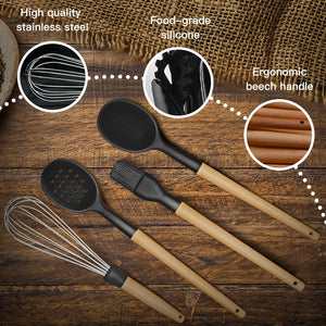 Kitchen Cooking Utensils Set, 14 Non-Stick Silicone Cooking Kitchen Utensils Spatula Set with Holder, Wooden Handle Silicone Kitchen Gadgets Utensil Set for Nonstick Cookware(Black)