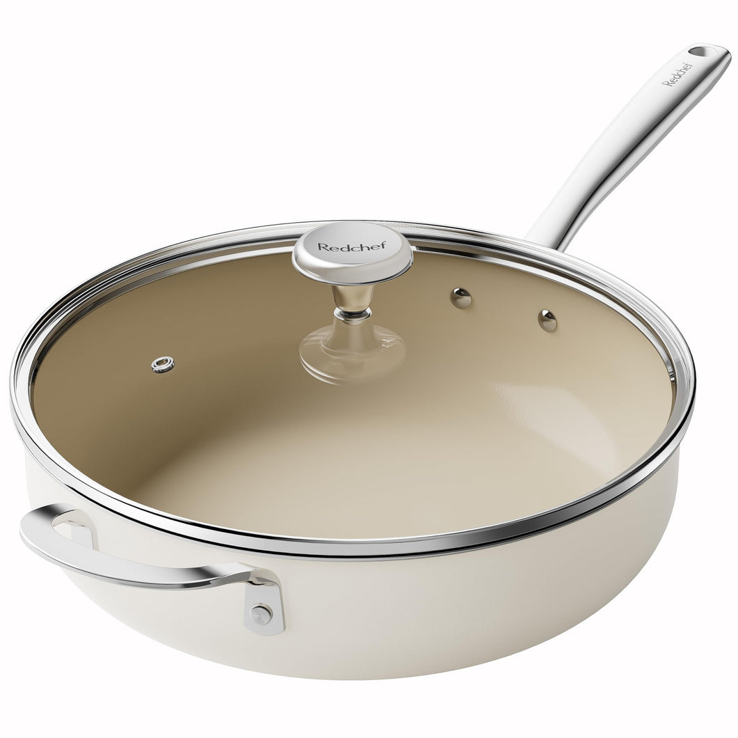 Redchef Ceramic Saute Pan with Lid, Nonstick Deep Frying Pan, 5QT Jumbo Cooker with Helper Handle & Lid, Non Toxic Ceramic Cooking Pan, Chef Pan, Dishwasher & Oven Safe, PFAS PFOA & PTFE Free