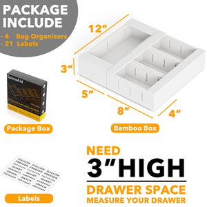 SpaceAid Bag Storage Organizer for Kitchen Drawer, Bamboo Organizer, Compatible with Gallon, Quart, Sandwich and Snack Variety Size Bag (4 Pack)