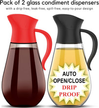 Load image into Gallery viewer, Brieftons Oil &amp; Vinegar Dispensers: 2 x 18.6 Oz Leakproof Glass Oil Dispenser Bottles, Dual Condiment Dispensing Cruets, Easy Pouring with Auto Flip Cap &amp; Stopper, Drip Free &amp; Spill Free Design