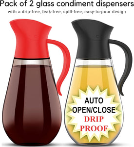 Brieftons Oil & Vinegar Dispensers: 2 x 18.6 Oz Leakproof Glass Oil Dispenser Bottles, Dual Condiment Dispensing Cruets, Easy Pouring with Auto Flip Cap & Stopper, Drip Free & Spill Free Design