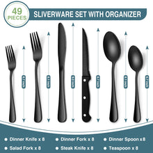 Load image into Gallery viewer, Black Silverware Set, Umite Chef 49-Piece Flatware Set with Drawer Organizer, Durable Stainless Steel Cutlery Set for 8, Tableware Eating Utensils with Steak Knives for Home Restaurant