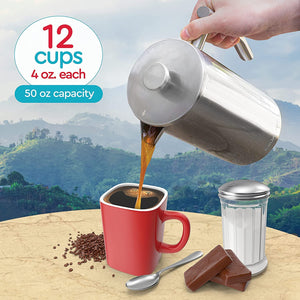 Belwares French Press Coffee Maker 50 OZ - Large Insulated Stainless Steel 304 Coffee Press with Double Wall & 4-Level Filtration System (Black - 1.5L)