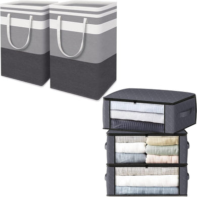 HomeHacks 2-Pack Large Laundry Basket and 3-Pack Grey Storage Bgas for Organizing, Clothing, Bedroom, Comforter, Closet, Dorm Bundle