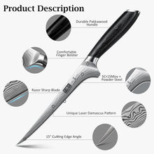 Load image into Gallery viewer, Fillet Knife 7 Inch, Razor Sharp Boning Knife for Meat Poultry Chicken Cutting, Japanese High Carbon Powder Steel Fish Knives with Flexible Blade and Pakkawood Handle