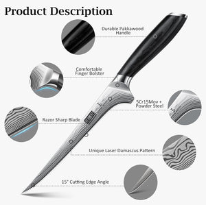 Fillet Knife 7 Inch, Razor Sharp Boning Knife for Meat Poultry Chicken Cutting, Japanese High Carbon Powder Steel Fish Knives with Flexible Blade and Pakkawood Handle