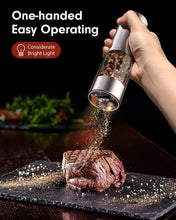 Load image into Gallery viewer, Upgraded Larger Capacity Electric Salt and Pepper Grinder Set Rechargeable with LED lights, Stainless Steel Automatic Pepper and Salt Grinder Refillable with 5 Adjustable Coarseness