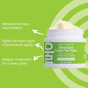 SeoulCeuticals Korean Skin Care Face Mask for Sensitive Skin - Korean Skincare Green Tea Wash Off Masks - K Beauty Face Masks - Aloe Vera Mask + Centella Asiatica Hydrating Facial Spa Mask 2oz