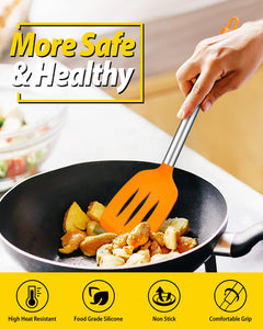 Pack of 4 Silicone Cooking Utensils Set, Non Stick Large Solid Spatulas, Heat Resistant Black Slotted Spoons, Ideal BPA Free Kitchen Turners for Frying, Mixing,Serving,Draining,Turning,Stirring