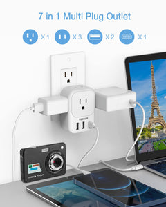 USB Charger Block, TESSAN Wall Plug Adapter with Electrical 4 Box Splitter 3 USB Wall Charger Ports, Multi Plug Outlet Extender Charging for Cruise, Travel, Office, Dorm Essentials