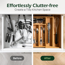 Load image into Gallery viewer, Carbonized Bamboo Kitchen Drawer Organizer, 8-10 Slots Expandable Silverware Organizer, Utensil Holder &amp; Cutlery Tray, 2.2&quot; Deep for Extra Capacity, Non-Slip Feet Included.