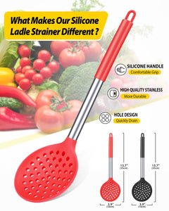 Kitchen Ladle Strainer Set of 2 Large Slotted Spoon with High Heat Resistant BPA Free Non Stick Cooking Skimmers For Draining and Frying (Grey and Teal Blue)