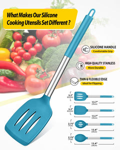 Pack of 4 Silicone Cooking Utensils Set, Non Stick Large Solid Spatulas, Heat Resistant Black Slotted Spoons, Ideal BPA Free Kitchen Turners for Frying, Mixing,Serving,Draining,Turning,Stirring