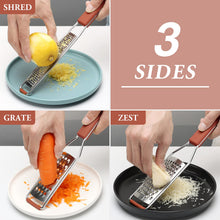 Load image into Gallery viewer, Lemon Zester Grater Three-piece Suit - Heavy Duty Kitchen Tool for Parmesan Cheese, Ginger, Garlic, Nutmeg, Chocolate, Vegetables，Fruits，Stainless Steel Grater Dishwasher Safe Black