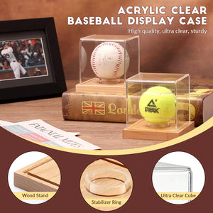JupDec Baseball Display Case, Clear Cube Baseball Holder with Wooden Base, Autograph Baseball Stand Box for Single Ball, Acacia Wood, Black, 1 Pack