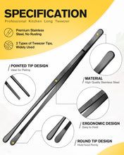 Load image into Gallery viewer, 2 Pcs 10-Inch Kitchen Tweezers Fine Tweezer Tongs, Stainless Steel Professional Long Cooking Tweezers for BBQ, Sea Food, Repairing and Serving (BLACK)