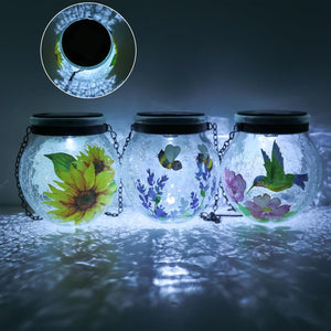 WONDER GARDEN Solar Lanterns Outdoor Waterproof, 3 Pack Hanging Solar Lights Decorative, Sunflower Hummingbird Bee Glass Garden Lantern Light for Yard Outside Patio Outside Decor Gift, White Light