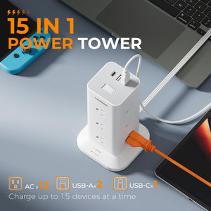 Tower Power Strip with 6 Feet Extension Cord, 8 Outlets 3 USB Chargers, 1700 Joules Surge Protection, Extension Cord with Multiple Outlets, 1875W, Office Supplies, Dorm Essentials, Charging Station